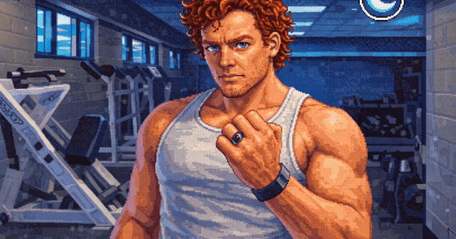 Pixel art illustration of a muscular man with copper red curly hair and blue eyes in a gym, wearing a sleeveless tank top and an Oura Ring, inspired by 1990s arcade fighting game style.