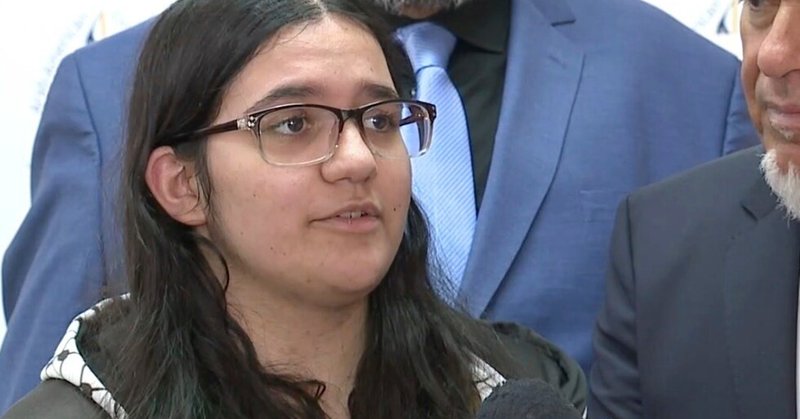 In this screengrab made from video provided by WXYZ-TV, Danielle Khalaf, who said she was humiliated by her teacher after declining to stand for the Pledge of Allegiance in protest of U.S. support of Israel against Palestinians, appears at a news conference on Feb. 27, 2025, in Detroit. (WXYZ-TV via AP, File)
