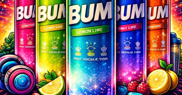 Bright 1980s arcade-style pixel art featuring multiple colorful Bum Energy drink cans glowing on a neon grid floor with lightning bolts, sparkles, and retro cosmic lights in the background, surrounded by fruit slices, capsules, and gym accessories for a fun zero-sugar energy theme.