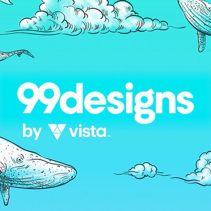 99designs logo with a blue background, surrounded by whales and narwhals