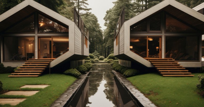 Modular home designs separated by a water feature