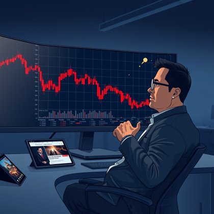 Institutional trader analyzing Bitcoin ETF outflows and market volatility on a trading desk.