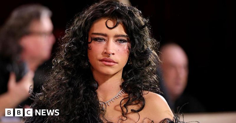 Odessa has brunette hair, she's posing for a picture on a red carpet, she has a nose ring and a silver necklace on. In the background there are blurred photographers.