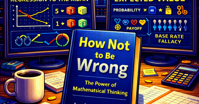 16-bit pixel art of a math-driven workspace at night featuring How Not to Be Wrong on a desk, with dual monitors displaying regression to the mean, expected value, and base rate visuals, alongside dice, charts, a calculator, and notes, set against a neon city skyline.