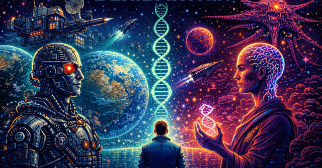 Pixel art science fiction illustration inspired by Schismatrix by Bruce Sterling showing a cybernetic figure and a genetically enhanced human facing each other across a cosmic divide, with planets, DNA symbols, and space stations in the background.