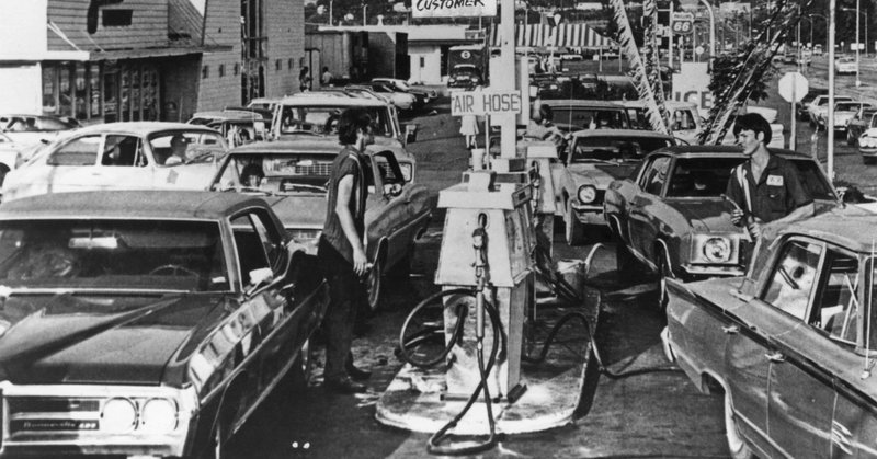 Drivers line up for fuel during the Arab oil embargo in 1974.