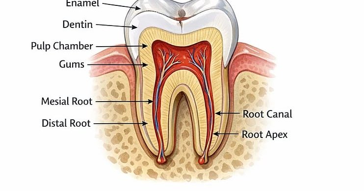 An AI image which shows the cross section of a tooth with its root.