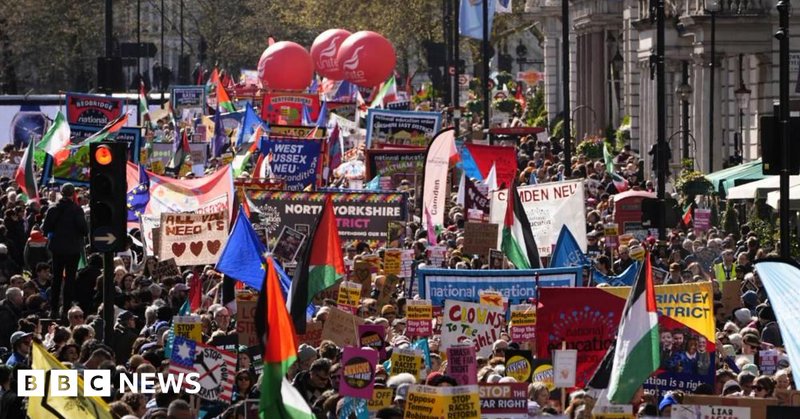 A crowd of people walk London, their heads are seen amongst dozens of colourful signs, flags and plaquards.