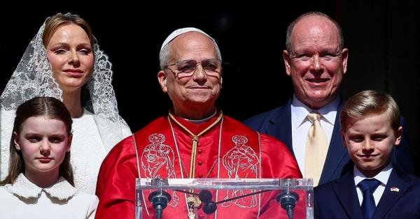 Pope Leo XIV greets the public with Prince Albert II of Monaco, Princess Charlene, Prince Jacques and Princess Gabriella at the Prince's Palace in Monaco-Ville, Monaco, March 28, during his second apostolic journey. The palace's state apartments were created in the 16th century and later remodeled on that of those at Versailles. (CNS/Lola Gomez)