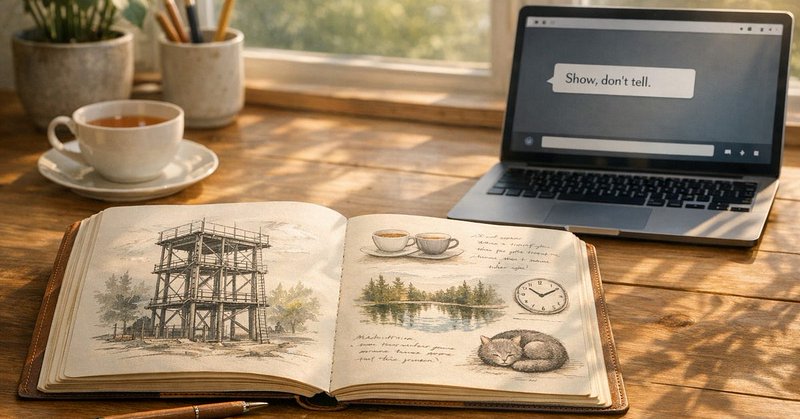 An open journal shows sketches of a scaffold, teacups, a forest lake, a sleeping cat, and a clock. A laptop displays the phrase “Show, don’t tell.” Sunlight streams through a window, casting soft shadows.