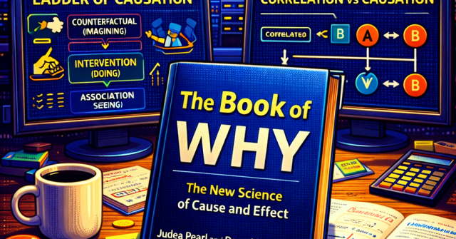 16-bit pixel art of a data science workspace at night featuring The Book of Why on a desk, with charts, notes, a calculator, and a magnifying glass, while dual monitors display the Ladder of Causation and correlation versus causation diagrams against a neon-lit city skyline.