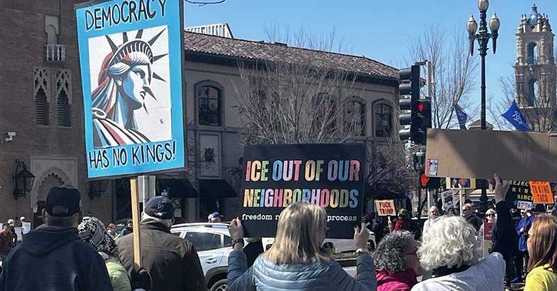 Thousands gathered in Mill Creek Park on Kansas City’s Country Club Plaza to protest President Donald Trump’s policies at a No Kings rally on March 28, 2026.