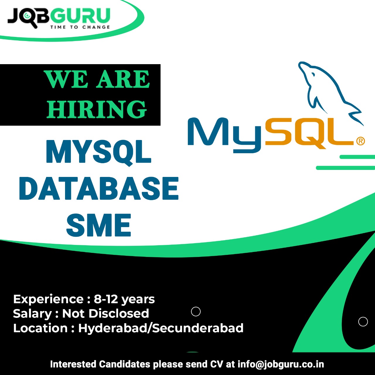 #hiringnow !!
MYSQL DATABASE SME
8 to 12 year(s)
Not Disclosed
#Hyderabad/#Secunderabad

Interested candidates can drop their #Cv : info@jobguru.co.in

#jobs #jobupdates #jobguru #Jobalerts   #experience #job #nowhiring #jobseekers #sme #database #Mysql #Hiring #SQLjob #ITjobs