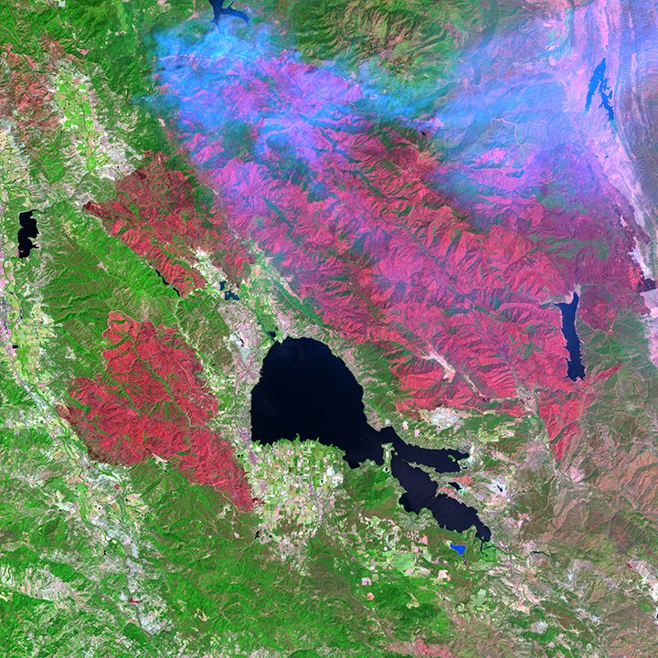 Landsat image of the Mendocino Complex Fire, summer of 2018. Burned 459,000+ acres of land around Clear Lake, CA.