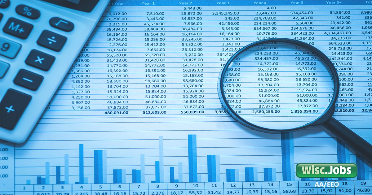 Image: calculator and magnifying glass over financial data; Wisc.Jobs AA/EEO