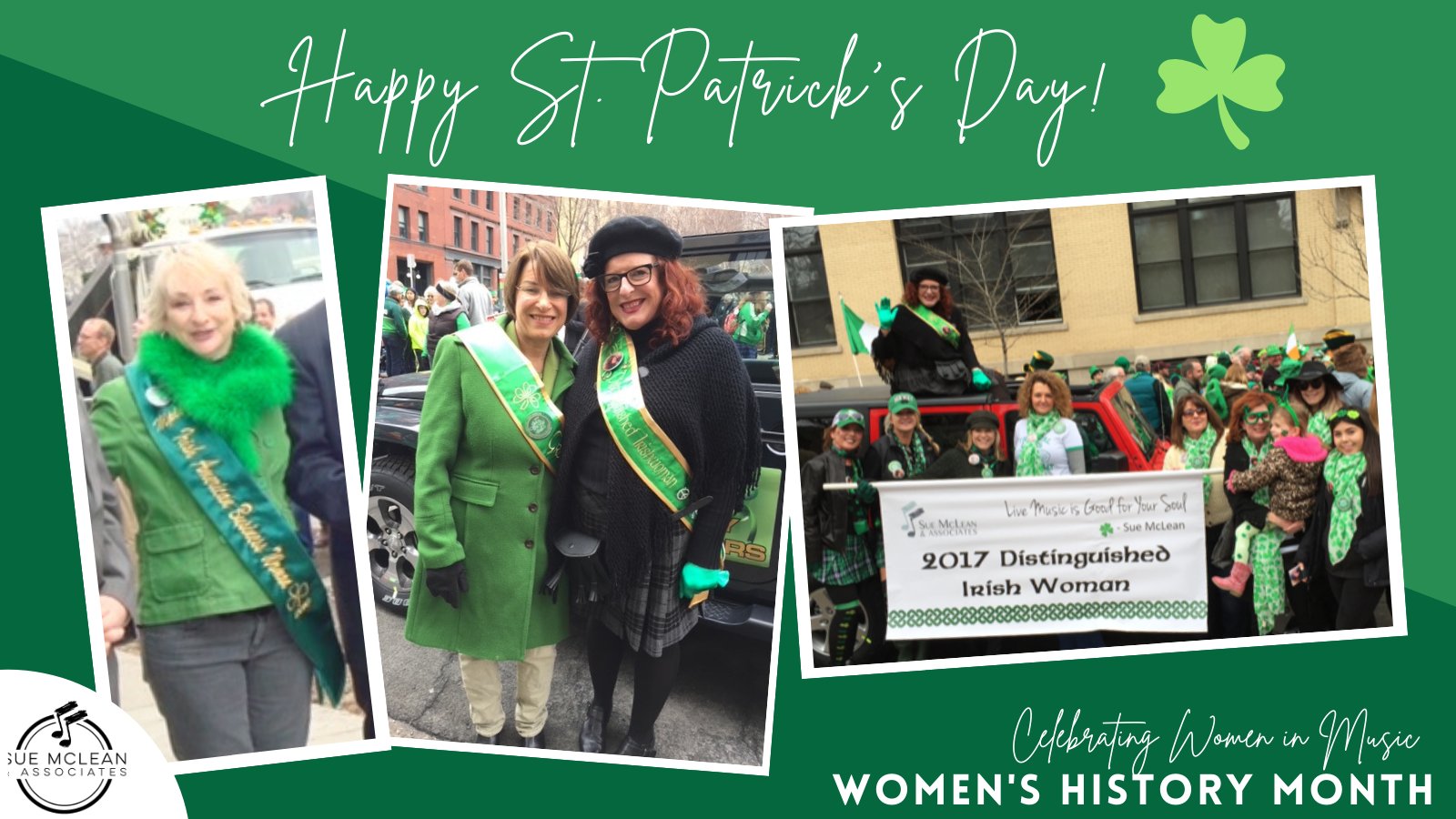 Happy St. Patrick's Day! ☘️ 

Today we celebrate these women: Sue McLean, founder of SMA, Senator Amy Klobuchar and SMA's own CEO, Patricia McLean.  In 2010, Sue was selected as Irish Business Woman in Minneapolis and Patricia was named the Distinguished Irish Woman in 2017 by the  St. Paul St. Pat's Association representing Irish Women in Business.

Amy Klobuchar has been an integral part in passing the #SaveOurStages Act which has supported independent concert promoters and venues, like SMA. 

Slainte!  ☘️ 

#womenshistorymonth #throwback