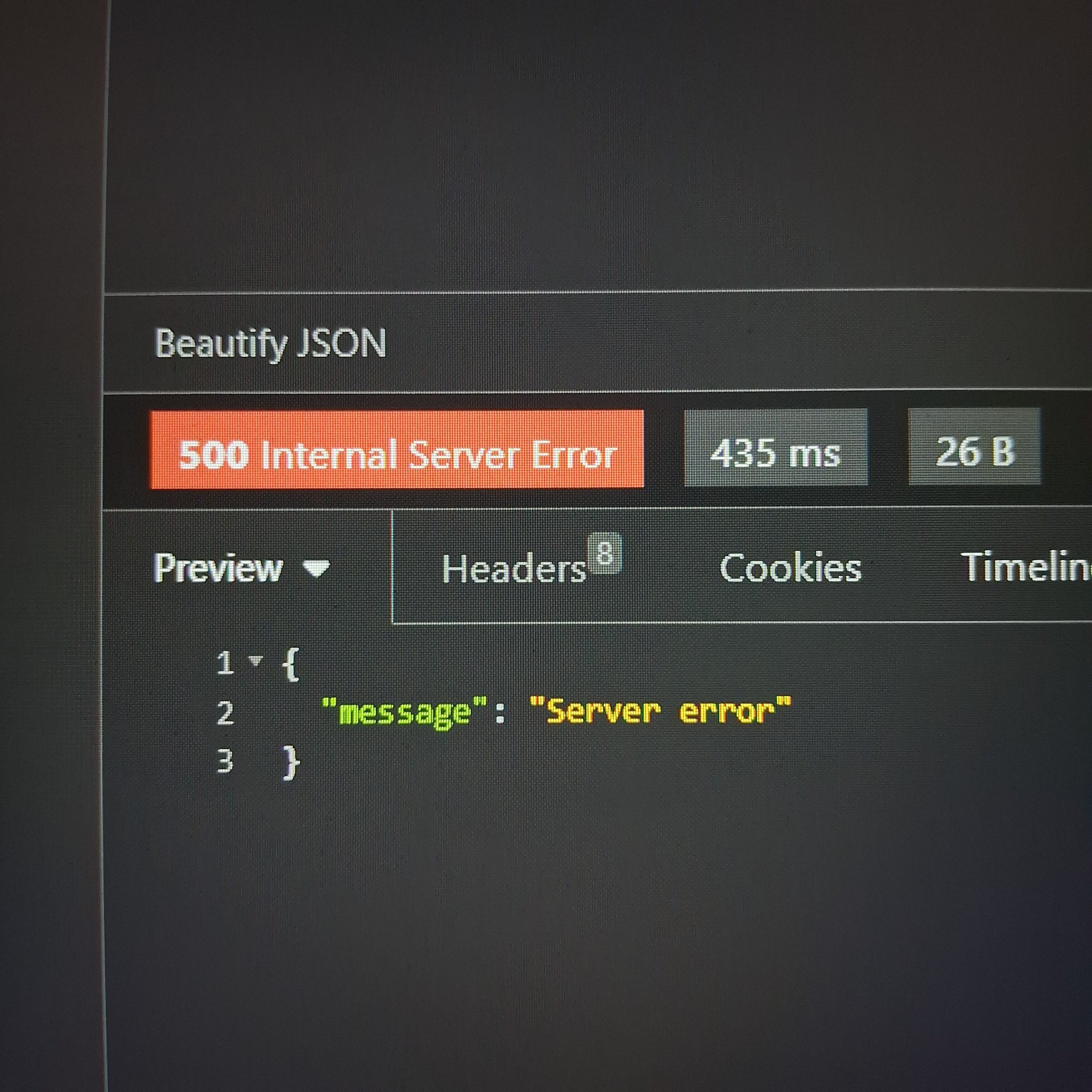Server error displaying on the Insomnia API testing software.