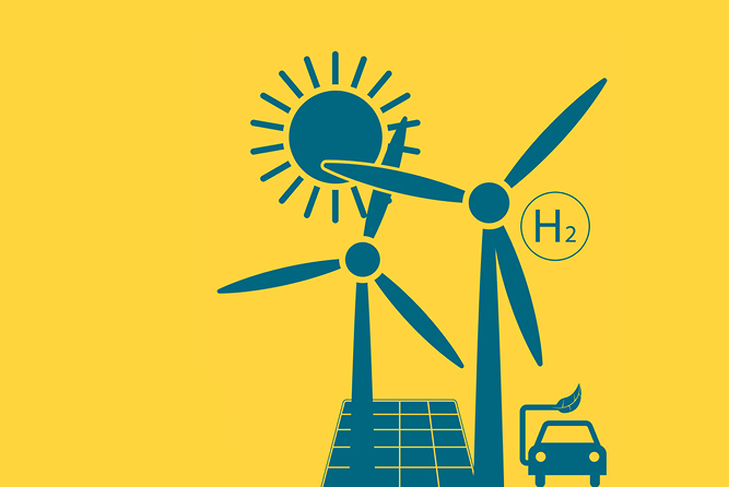 Graphic with sun, two windmills, a solar panel, an H2 symbol and a car running on biofuel.