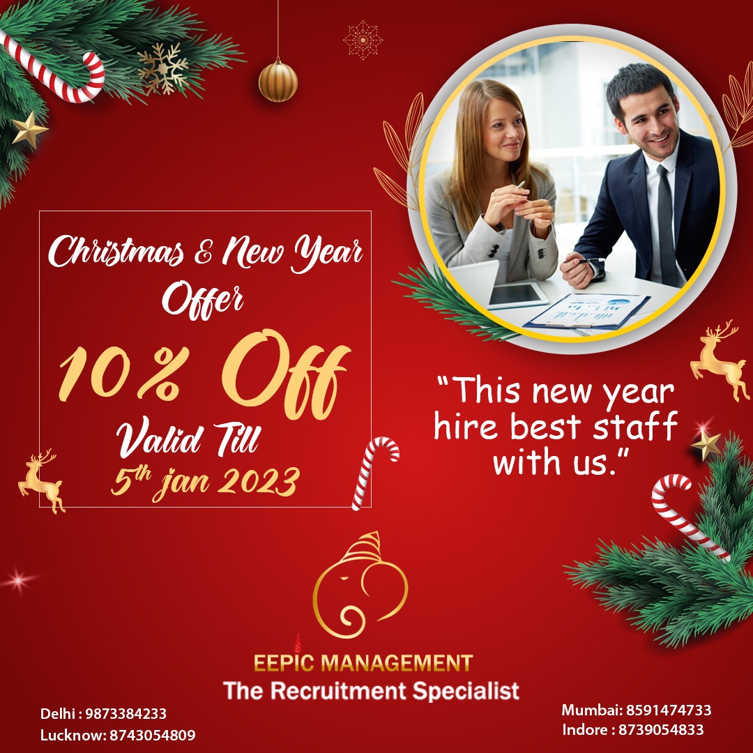 #christmas2022 #newyear2023 #offer 
#10%off #newyearoffer #NewYearOff #christmasoffer #newyear 
This new year hire staff with EEPIC Management (The Recruitment Specialists) and get 10% off 
For more details call/what's app at- 9873384233
or visit: https://eepicmanagement.com/
#recruitment #placementservices in #delhincr #placementconsultant in #Indore #manpowerservices in #mumbai #placementagency in #lucknow #eepic_management  #medical_placement_agency #doctorjobs
