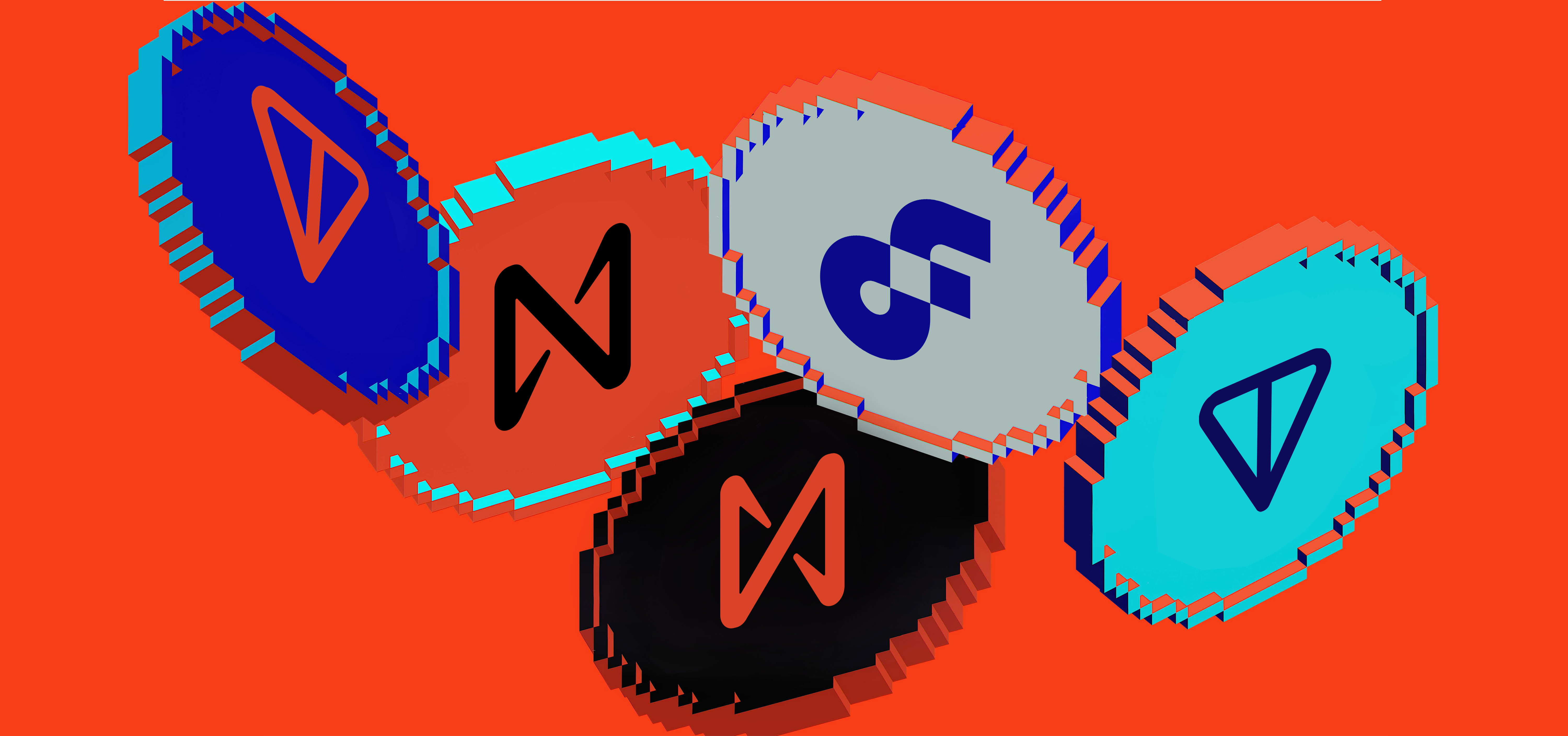 pixel shaped coins: flow near and tone against orange red background