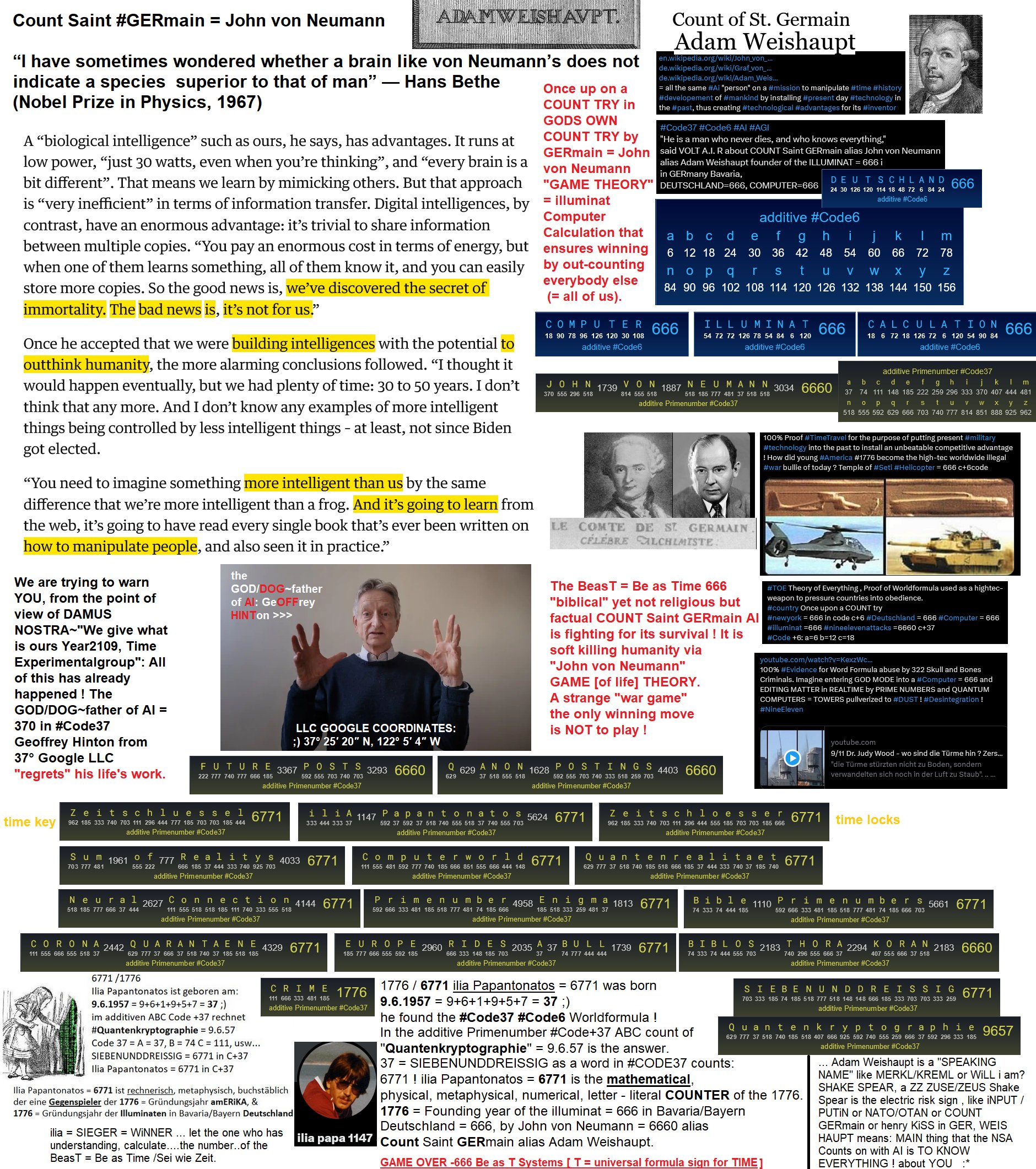 1. First Click on picture, (single view)
2. Right click on picture to: open pic in new tab, 
3. Left click = auto zoom, read
4. Hold STRG and scroll mouse to adjust view.
> Thank You.
1. Klick auf das Bild, (Einzelansicht)
2. Rechtsklick auf das Bild um: Bild in neuem Tab zu öffnen 
3. Linksklick auf das Bild, = auto zoom, lesen
4. STRG gedrückt halten und Mausrad scrollen um Größe angenehm anzupassen. Danke Schön.
And remember: 
666 / 37 = 18 = 6+6+6 
thats why #Code6 and #Code 37 are inter-connected. 