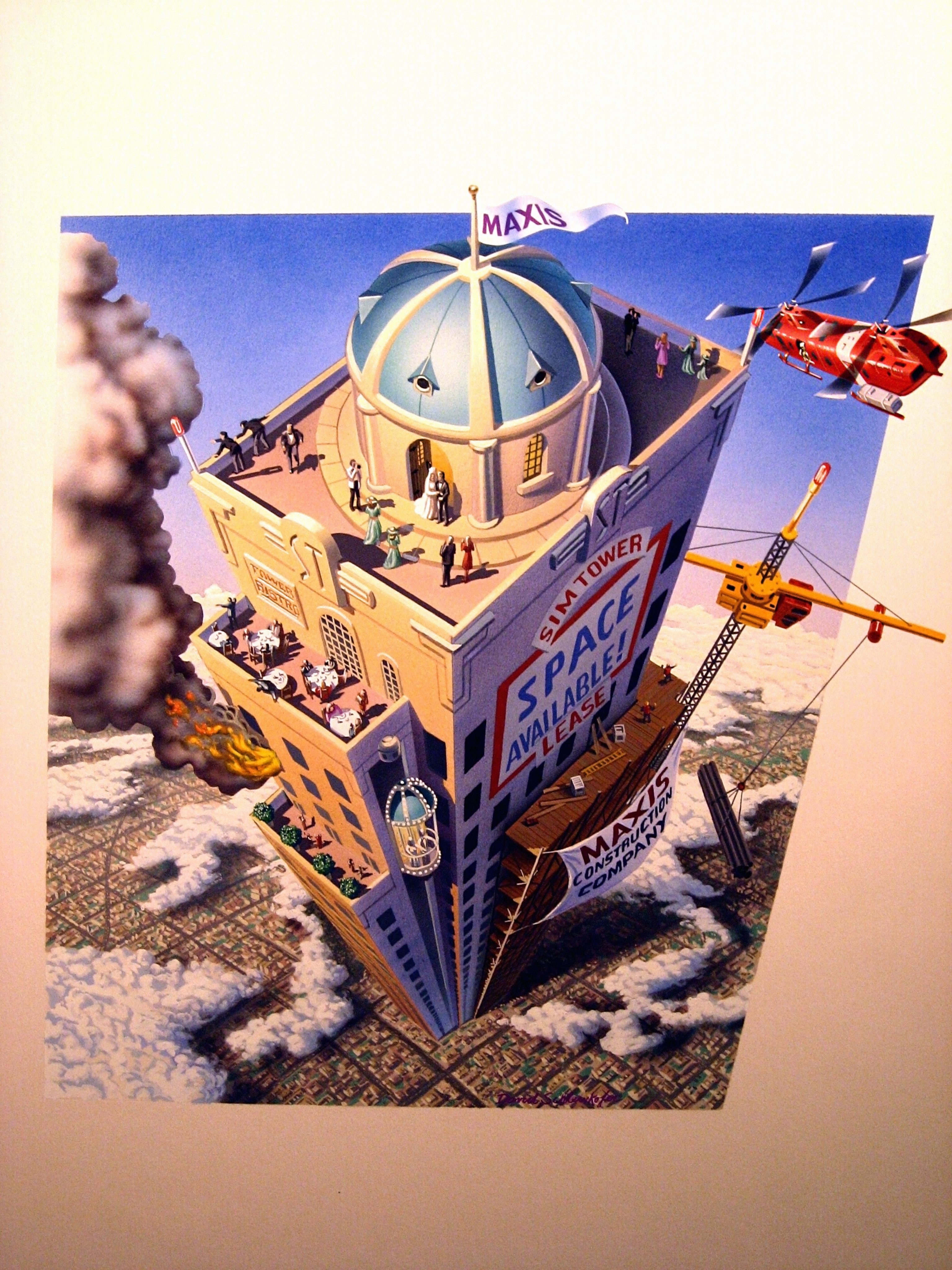 SimTower clean artwork by David Schleinkofer used on the cover of the Windows and MacOS releases in North America and Europe. Image depicts a huge tower full of activity in the middle of a city. On the roof there's people gazing at the city below on the left side, and there's also a wedding going on in the center. On the right side some people are taking pictures while a red helicopter flies by. On a floor below there's a bistro with people around tables. Below that there's a floor on fire with a mass of smoke coming from the window. Further below there's a balcony with some trees and a scenic elevator on the right. The right side of the building is under construction and a yellow crane can be seen pulling up some tubes.