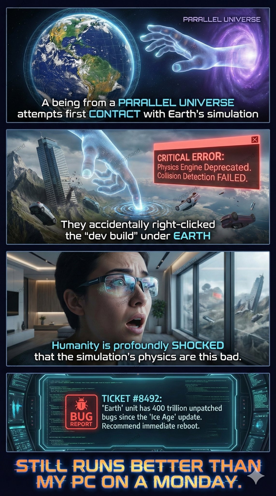 Multi-panel sci-fi comic: Aliens find "Earth" is a glitchy simulation with trillions of bugs. Bottom caption: "STILL RUNS BETTER THAN MY PC ON A MONDAY."