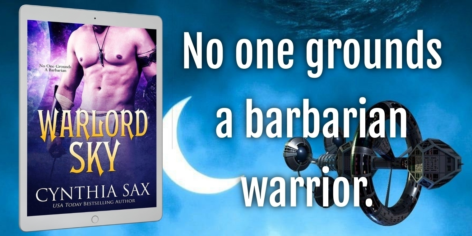 The cover of Warlord Sky displayed with a spaceship. The cover of Warlord Sky features a claw-sporting bare-chested male alien pilot in barbarian gear.