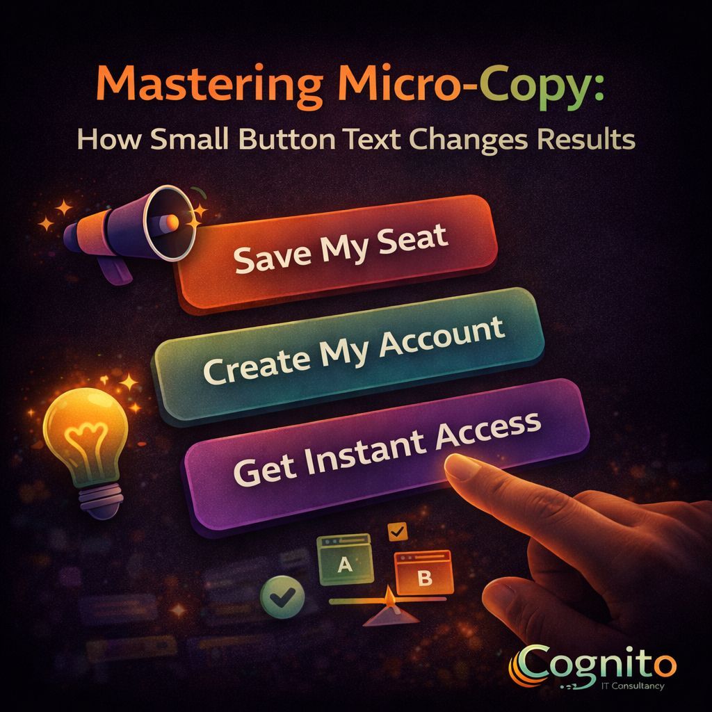 Cognito-branded dark social media graphic showing micro-copy examples on CTA buttons, including “Save My Seat,” “Create My Account,” and “Get Instant Access,” illustrating how small button text impacts user behavior and conversions.
