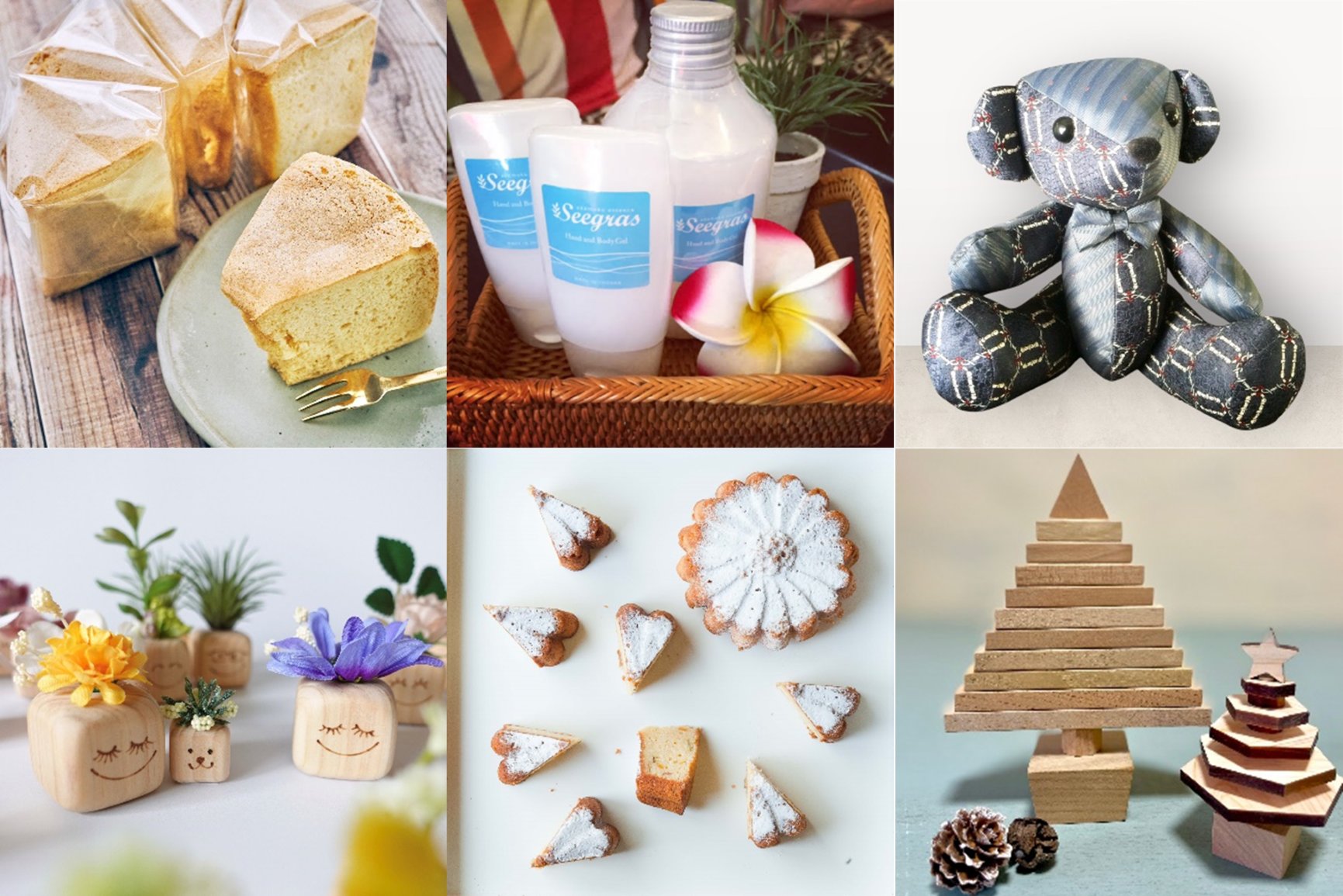 神奈川なでしこブランド商品の写真。焼き菓子や、ぬいぐるみなど。