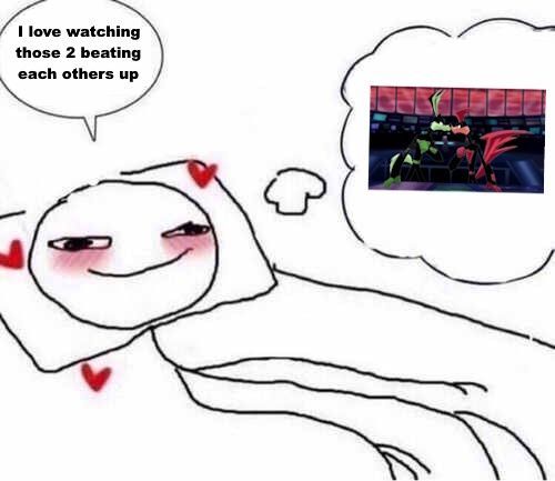 The image depict a simple stick man laying in bed thinking via a bubble thought about Tech E. Coyote and Rev Runner from Loonatics Unleashed about to start a fight). Next to it is another bubble but this time a speech one, it says: "I love watching those 2 beating each other up" 
(A added an S in "other" in the actual image, BAD GRAMMAR GO TO SCHOOL DUMBASS GRRR).

#loonaticsunleashed #techrev #meme