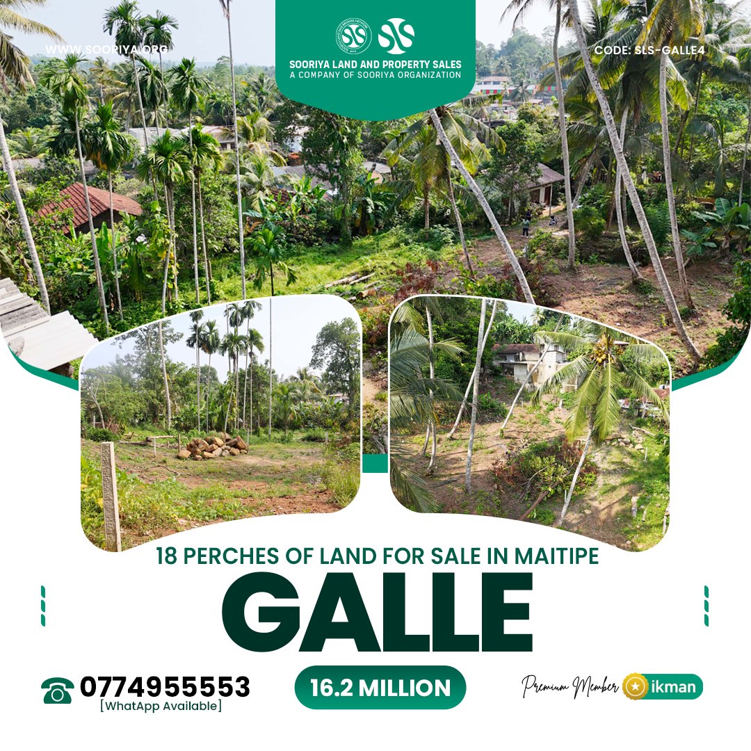 🚩 A promising investment opportunity offering excellent convenience, strong neighbourhood demand, and future growth potential in a well-connected location, making it ideal for buyers seeking long-term value and prime positioning.

• 18 perches of land, subdivided into 6-perch plots, available for sale in Maitipe, Galle
• 10 ft to 15 ft private access road from Maitipe 1st Lane ensures convenient entry
• Just 50m from Galle – Mapalagama road at Ambalanwatta Junction
• 1 km to Karapitiya Hospital and only 3 km to Galle Town
• 2 km to Labuduwa and 6 km to the Pinnaduwa Highway Interchange

🔴 Price: Rs. 16.2 Million (Negotiable)

Call now! 0706955553/0774955553 [WhatsApp Available]

See more on ikman: https://ikman.lk/en/ad/land-for-sale-in-galle-for-sale-galle-3065

#SooriyaLandSale #Realtor #ThusithaBalasooriya #Colombo #SriLanka #SLS