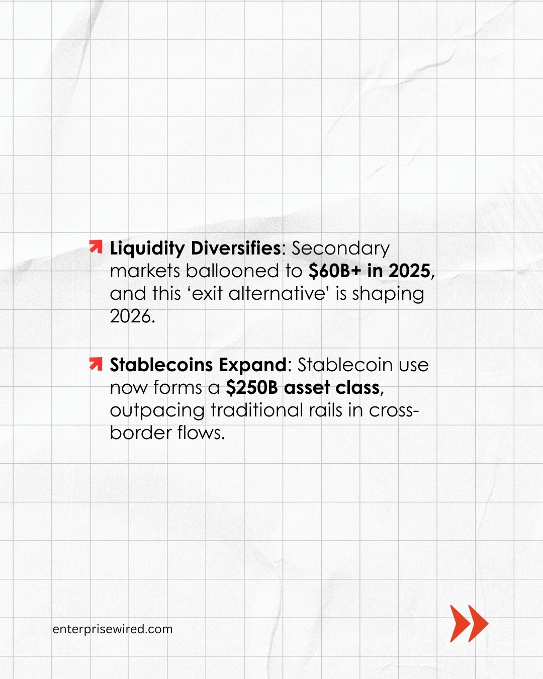 Infographic showing diversified liquidity in 2026, with growth in secondary markets and expanding stablecoin adoption.
