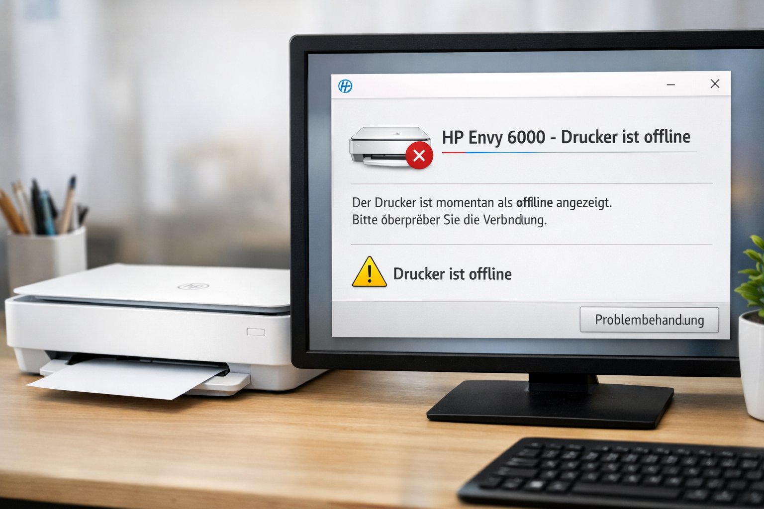 Der Drucker ist eingeschaltet, das WLAN funktioniert – und trotzdem zeigt Windows nur eine Meldung: „Offline." der HP Envy 6000 Drucker wird als offline angezeigt, sorgt das schnell für Frust. Besonders ärgerlich ist, dass das Problem scheinbar ohne Grund auftaucht: Gestern lief alles, heute geht nichts mehr.
Ich sehe dieses Thema regelmäßig bei Kunden, egal ob im Homeoffice oder im kleinen Büro. Die gute Nachricht: In fast allen Fällen lässt sich das HP Envy 6000 offline Problem beheben, ohne neuen Drucker oder stundenlange Fehlersuche. In diesem Guide zeige ich Ihnen die bewährtesten WLAN- und Treiber-Fixes, verständlich und praxisnah.
