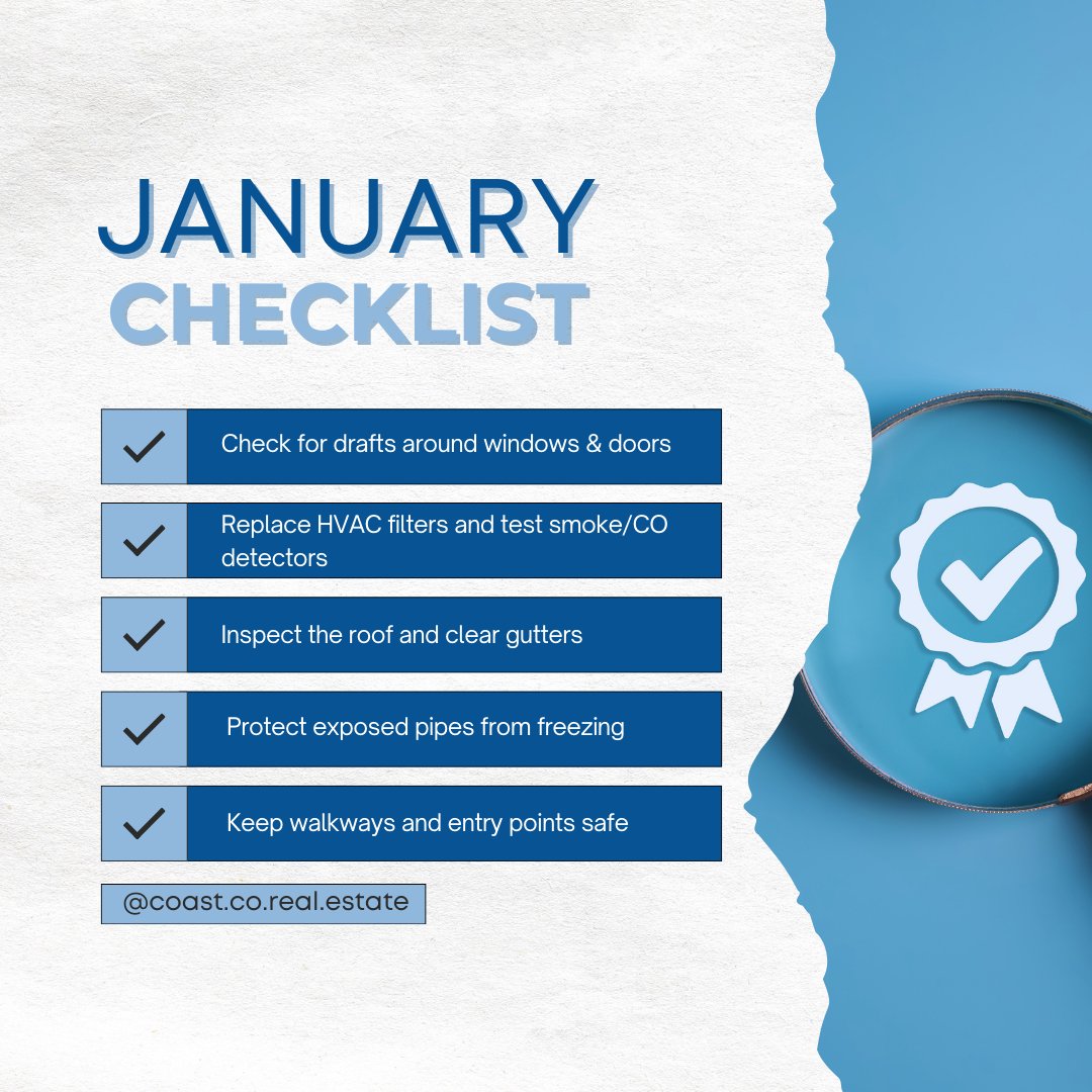 🏡 January Home Maintenance Checklist | 2026
A new year is the perfect time to take care of the place you call home. ❄️
January maintenance isn’t just about comfort—it helps protect your home’s value and prevent costly repairs down the road.
Small steps now can make a big difference all year long.
We’re here to help you make smart, informed real estate decisions every season of homeownership.
📩 DM anytime
📸 @coast.co.real.estate
🌐 www.coastandcoRE.com
#JanuaryHomeMaintenanceChecklist #CoastAndCoRealEstate #Alameda #HomeValue #RealEstateAdvice