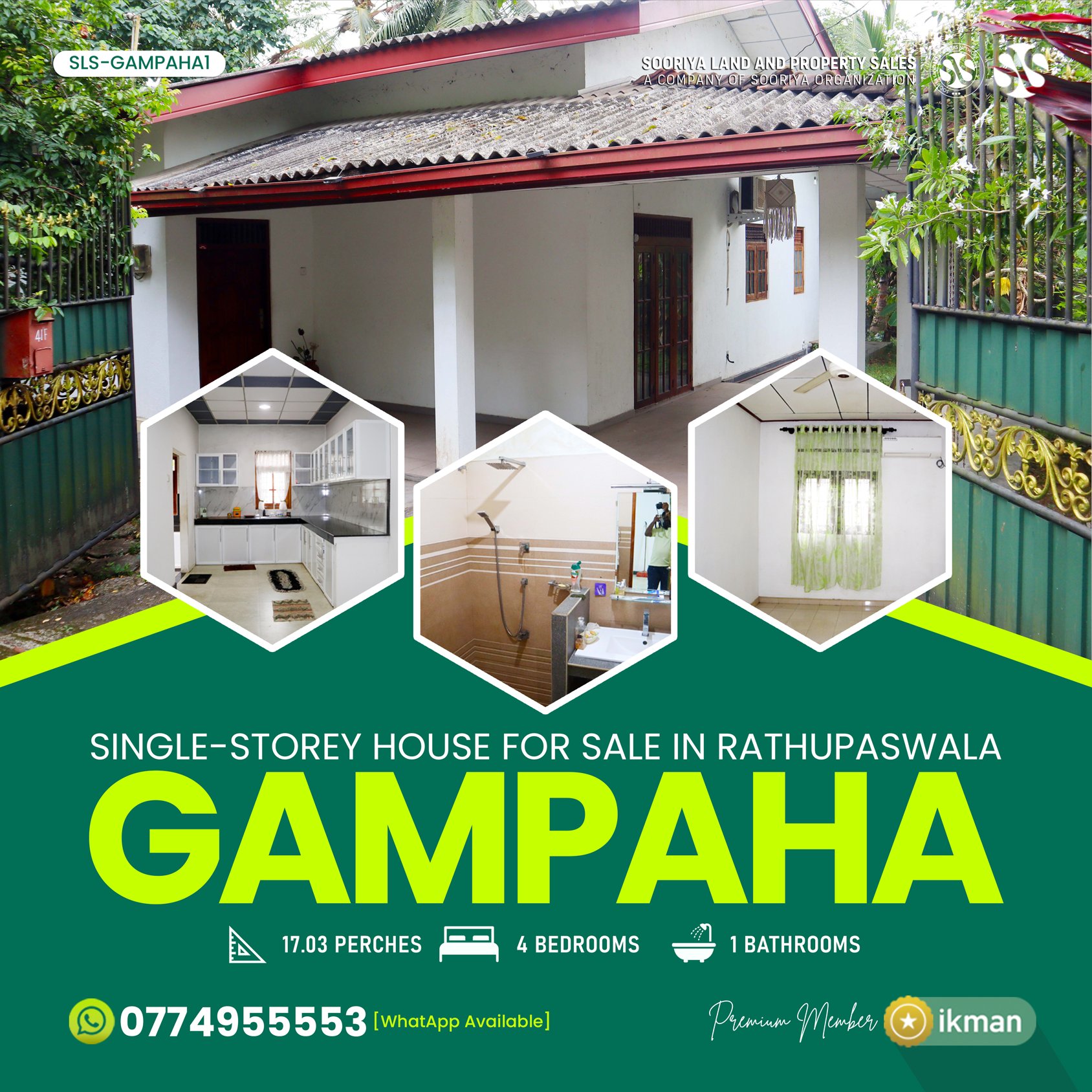 🚩 House for Sale in Gampaha

• Single-storey house for sale on 17.03 perches of land located in Rathupaswala, Gampaha
• Spacious 2,000 sq.ft fully tiled house featuring 4 bedrooms and 1 bathroom, equipped with hot water facilities and air conditioning
• Two separate entrances from the front and rear, opening to 20ft and 11ft wide roads, offering excellent accessibility and convenience
• Just 600m to Rathupaswala Junction, connecting Weliweriya–Gampaha Road and New Kandy Road
• 2km to Kandy Road and approximately 27km to Kadawatha Highway Interchange for easy long-distance travel
• Close to key landmarks: 900m to Gampaha Mahamevnawa Buddhist Monastery and 750m to Rathupaswala Public Ground
• Groceries, hardware stores, and all essential amenities within walking distance, ideal for comfortable family living

🔴 Price: Rs. 16 Million (Negotiable)

Call now! 0706955553/0774955553 [WhatsApp Available]