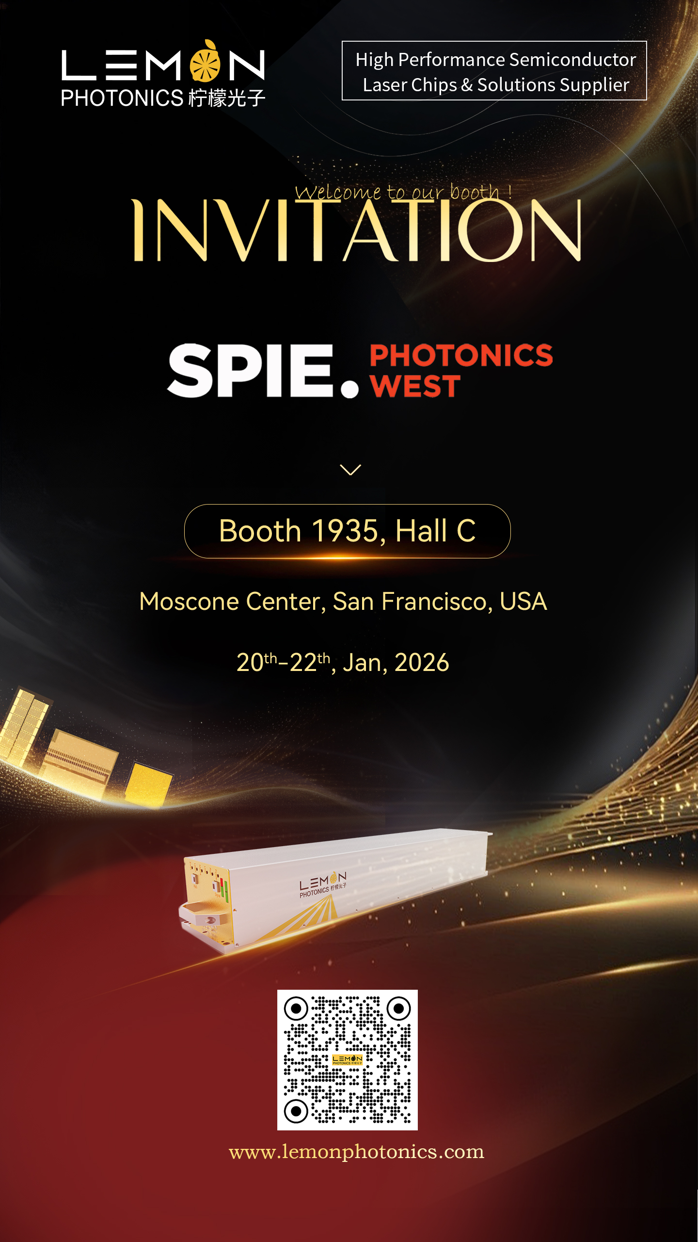 See the next generation of laser innovation at SPIE Photonics West. Visit Lemon Photonics at Booth C-1935 from Jan 20-22. Go beyond the specs with live demonstrations of our advanced #LaserSource #LineLaserModule #LaserDryingSystem. Discuss your unique application requirements with our engineering specialists for tailored solutions.
