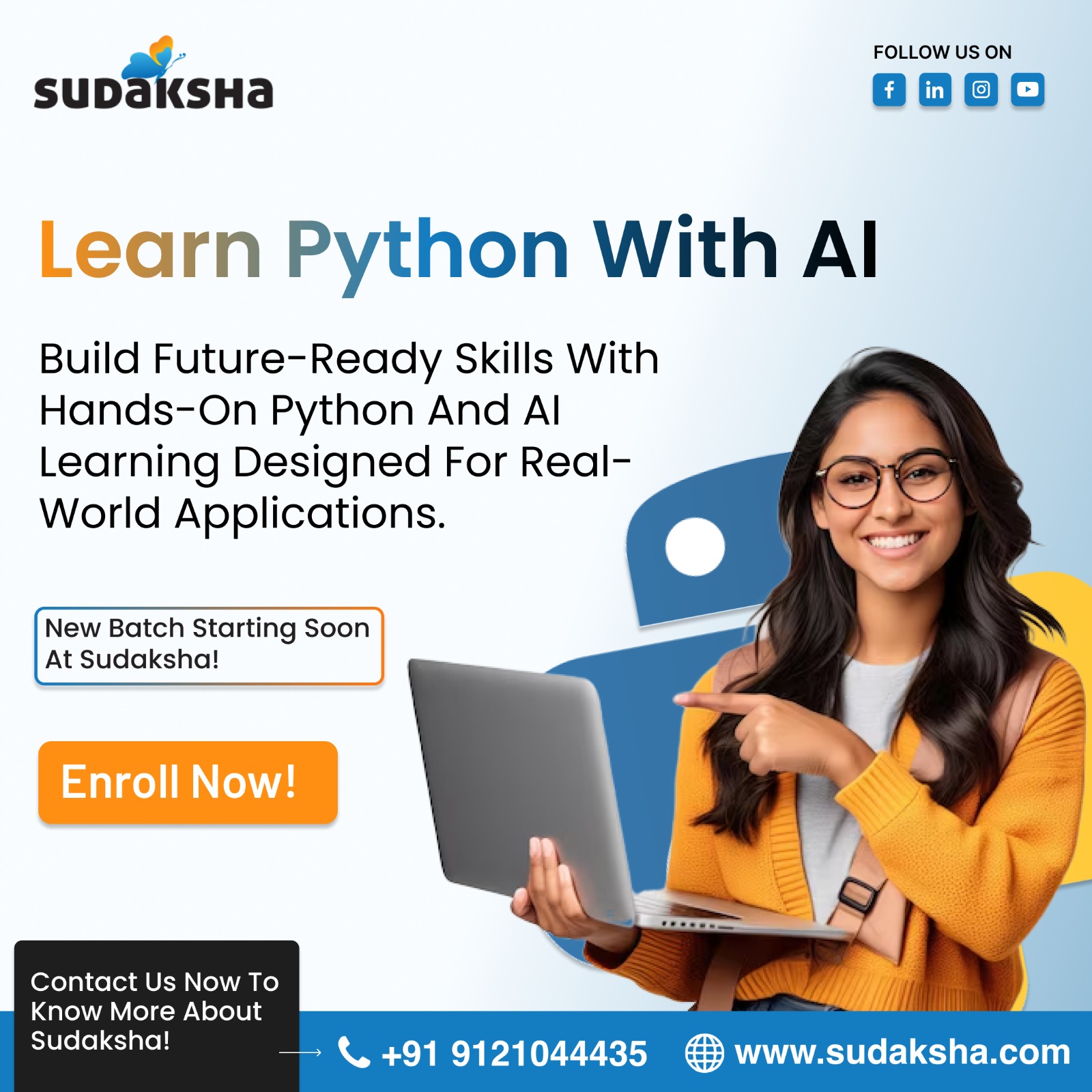 Step into the future of tech with Sudaksha 🚀
Learn Python with AI through hands-on training designed for real-world applications. Build future-ready skills, work on practical projects, and prepare yourself for high-growth tech careers.
📢 New batch starting soon — enroll now!

 Call us to start your journey today.
📞 Call us: +91 9121044435
🌐 Visit: www.sudaksha.com

#Sudaksha #LearnPython #AIWithPython #TechSkills #FutureReady #PythonTraining #AITraining #SkillDevelopment #EdTech #CareerGrowth
