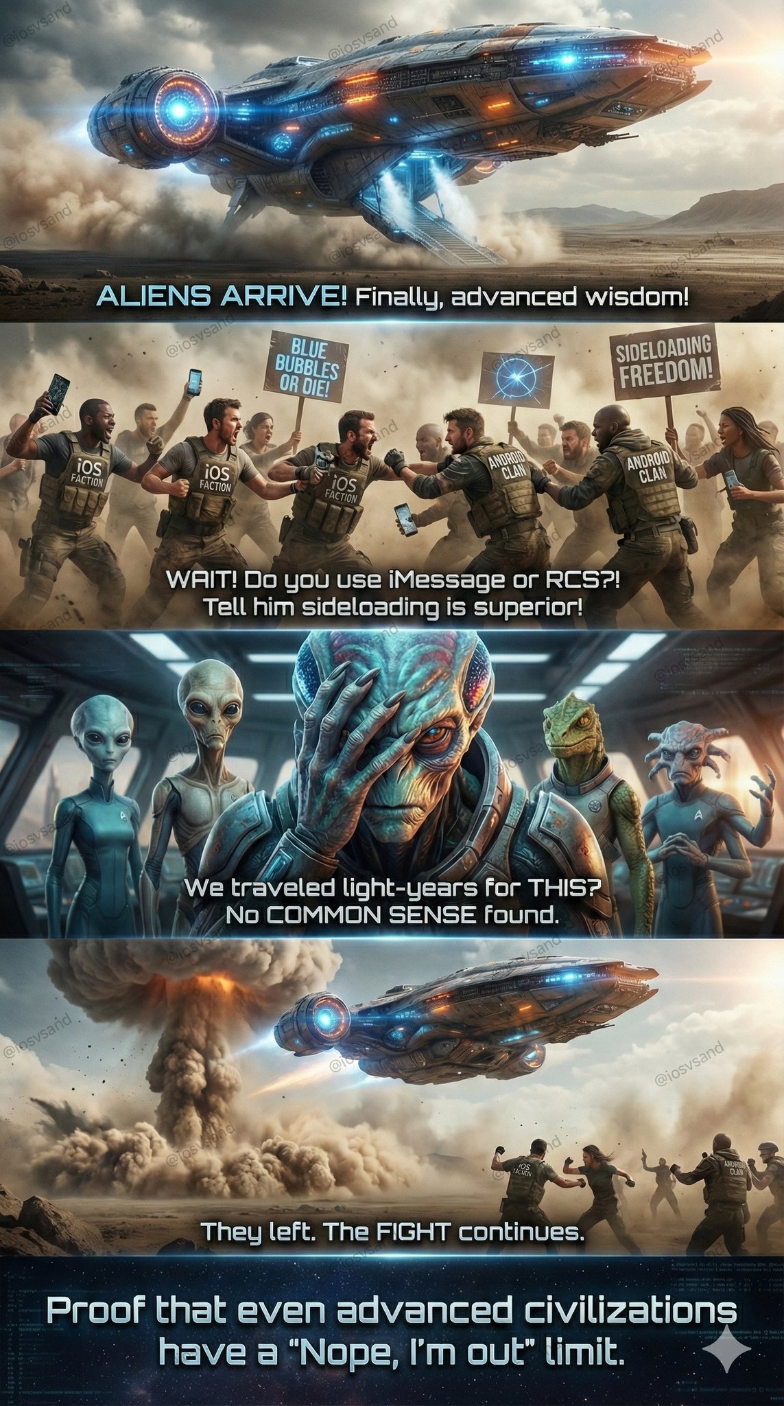 A multi-panel sci-fi comic. Aliens land to offer wisdom but find iOS and Android fans fighting over iMessage and sideloading. The alien facepalms and leaves, concluding there is no common sense on Earth.