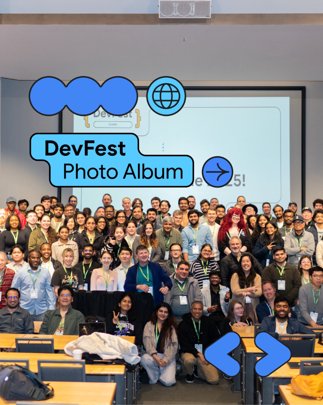 Image of developers at a DevFest event smiling with text reading "DevFest Photo Album".