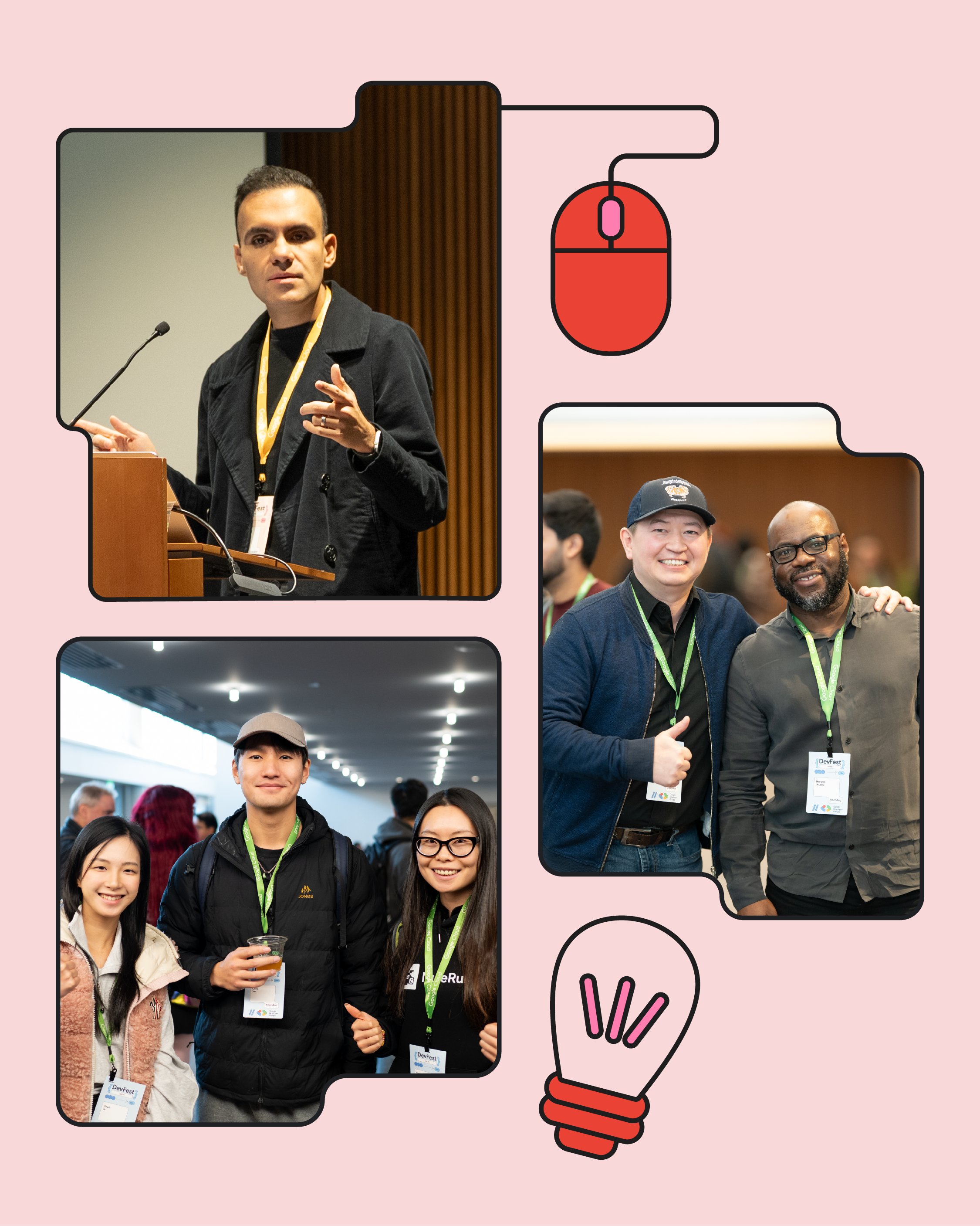 Image with three photos from DevFest events. 