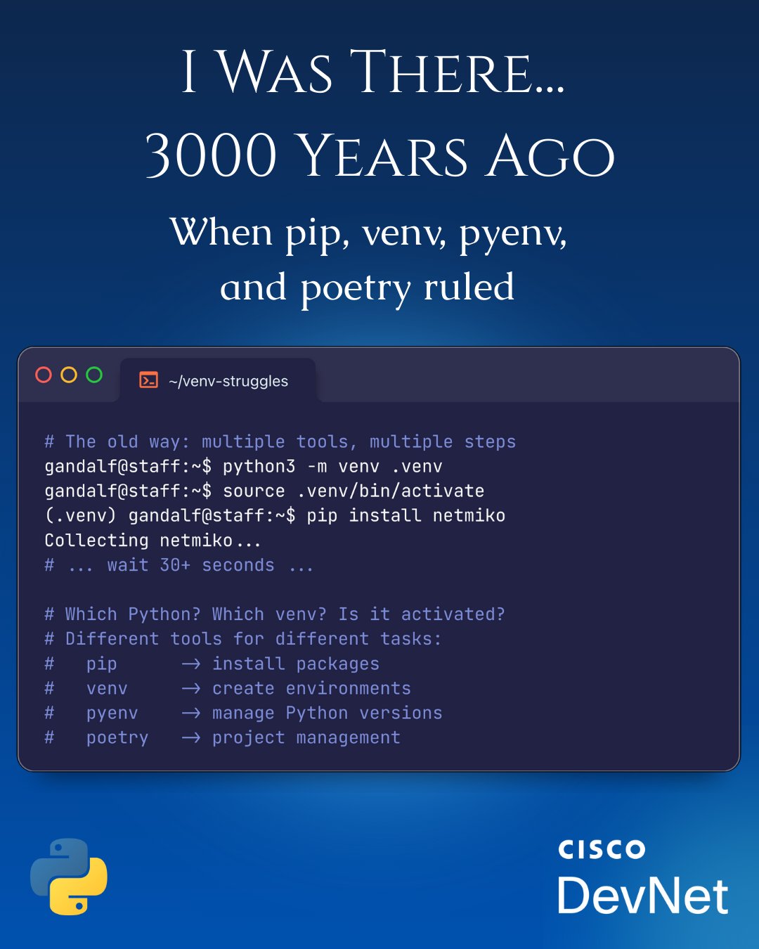 Terminal showing traditional Python setup with venv, pip install, and comments listing four different tools needed
