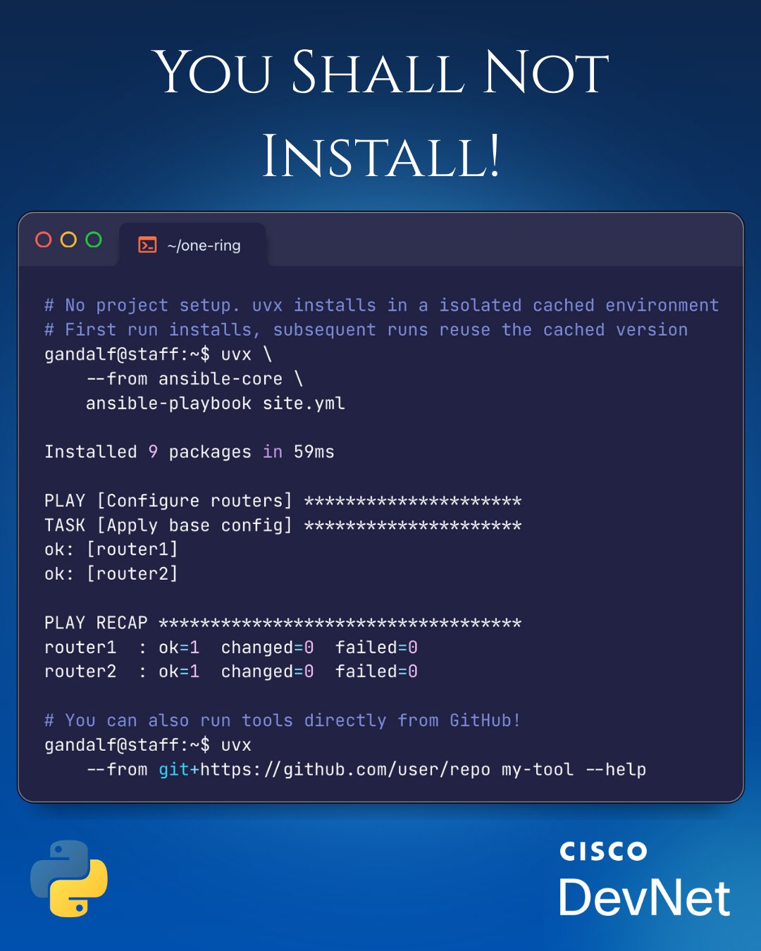 Terminal showing uvx command running Ansible playbook without prior installation