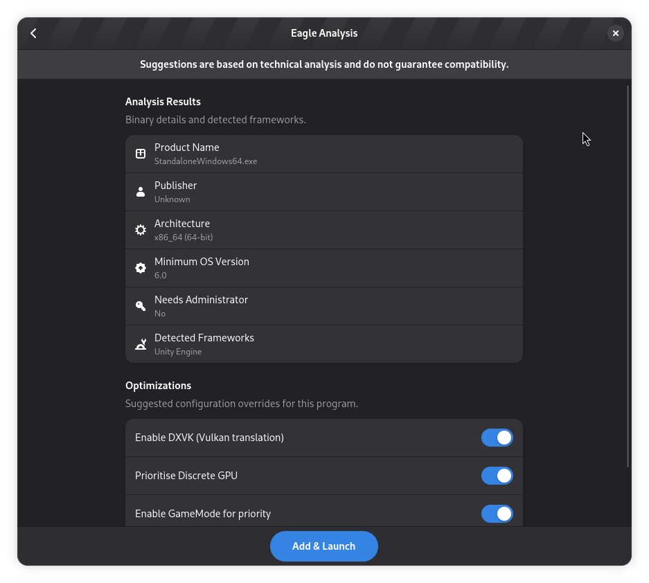 A set of suggestions like enable DXVK, prioritize discrete GPU and info like the detected Unity Engine game framework, the minimum OS Version, need of administrator privileges and more and a "Add & Launch" button to accept suggestions and run the software.