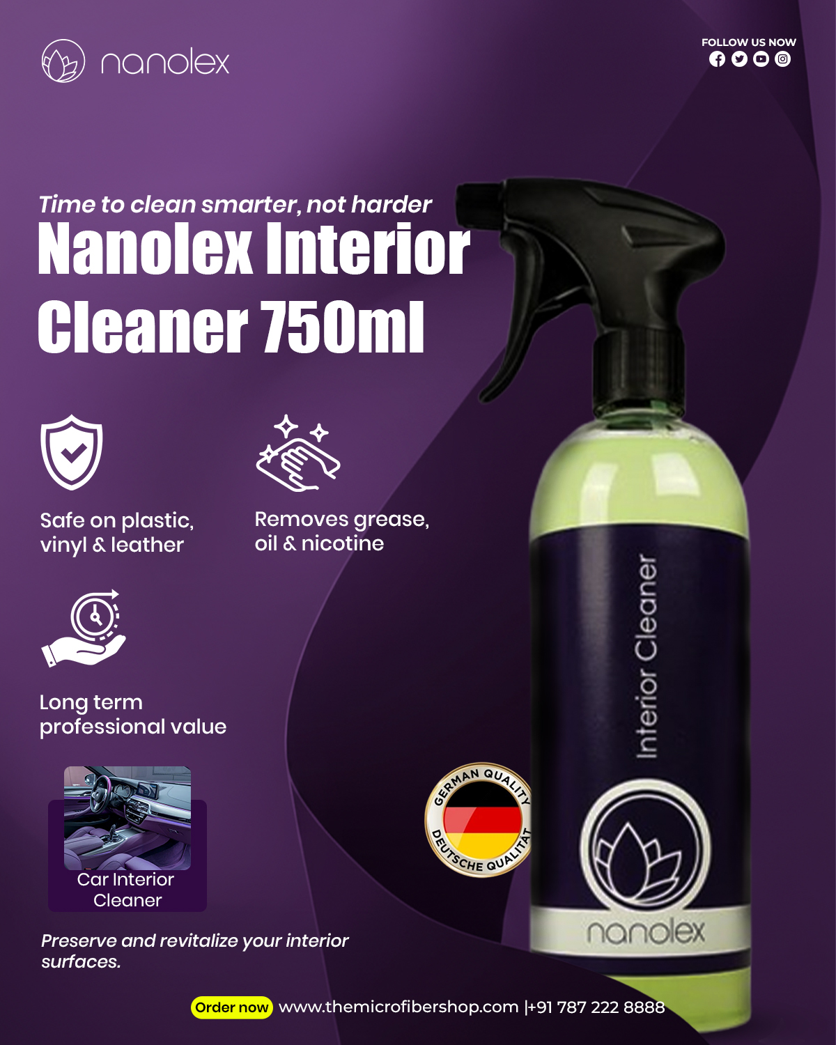 Purple-themed ad for Nanolex Interior Cleaner spray bottle. Highlights safety on plastic, vinyl, leather, removes grease, and offers professional value.