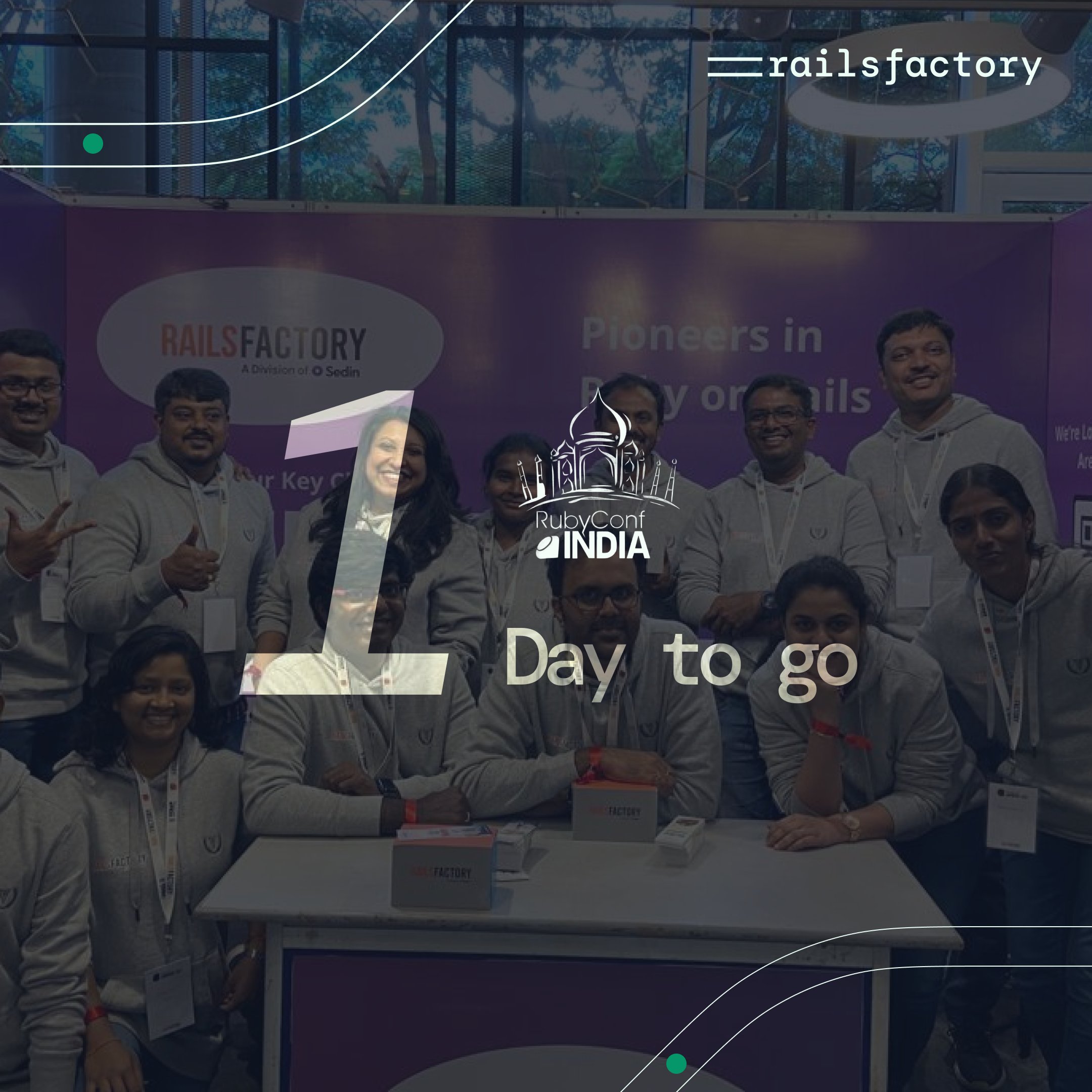 Illustration of Rubyconfindia logo with Railsfactory team pic in the background