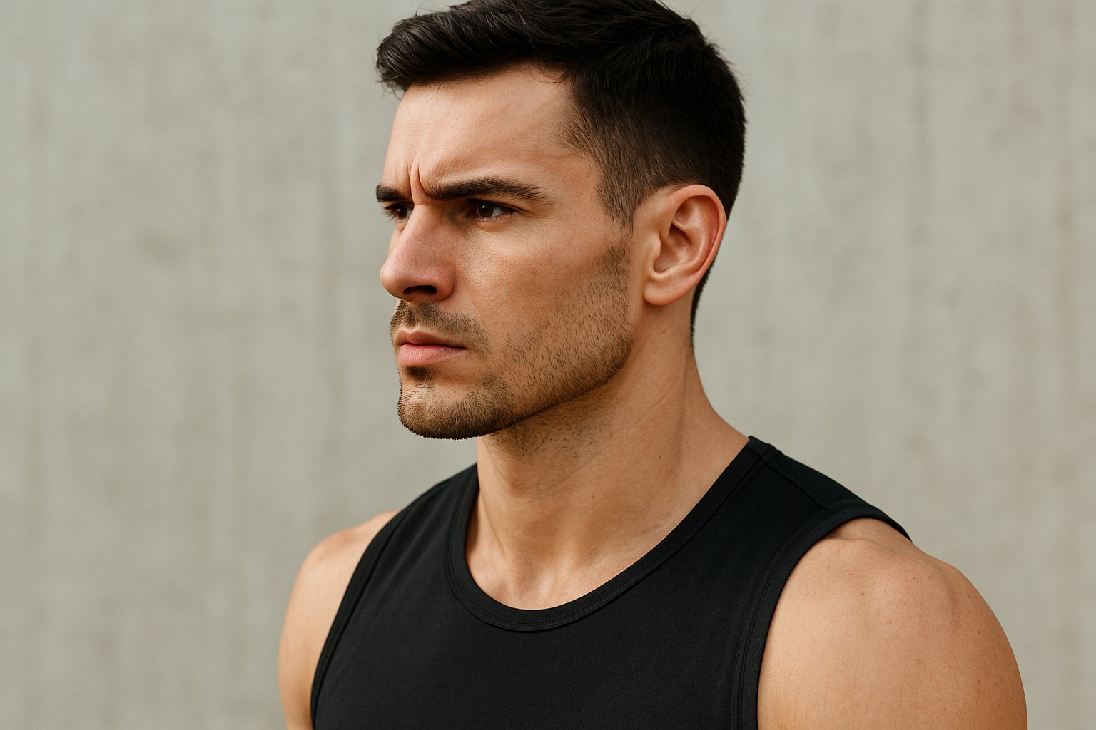 Sportista u crnoj majici fokusiran na pravilno disanje i položaj vilice tokom treninga.