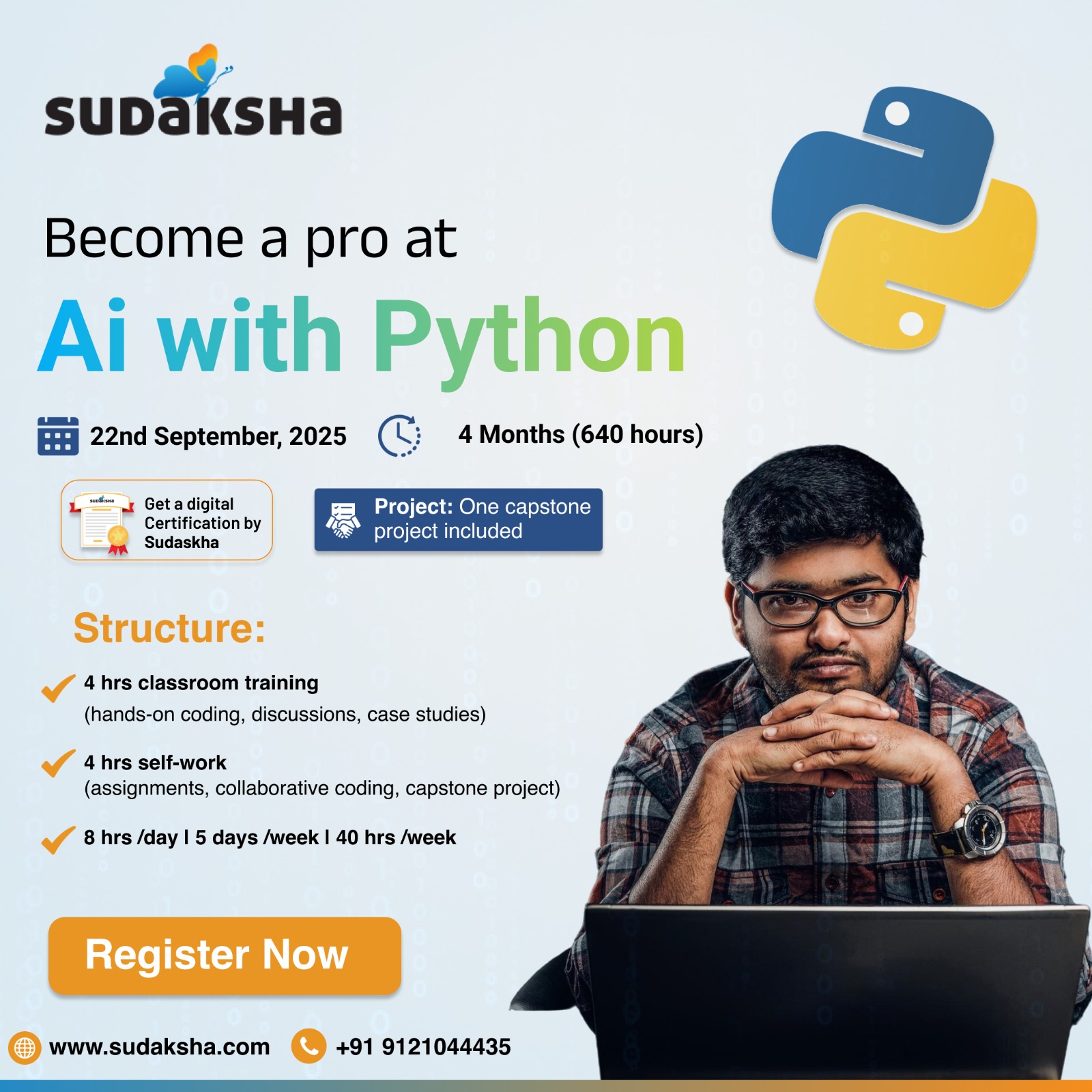 AI with Python course: Learn core Python for data handling, build ML models end-to-end, and apply deep learning with real projects and a capstone for a job-ready portfolio. 
Master AI with Python in 4 Months (640 Hours)
🚀 4 hrs/day classroom: Hands-on coding, case studies & expert guidance
🧠 4 hrs/day self-work: Assignments, collaborative coding & capstone project
🎯 Includes Job Assistance & Digital Certification from Sudaksha

Date: 22nd September,2025
✅ Register today at www.sudaksha.com


#AIwithPython #AI #MachineLearning #DeepLearning #DataScience #Python #NumPy #Pandas #TensorFlow #PyTorch #CapstoneProject #HandsOnLearning #JobReady #CareerSwitch #Upskill #TechCareers #Sudaksha