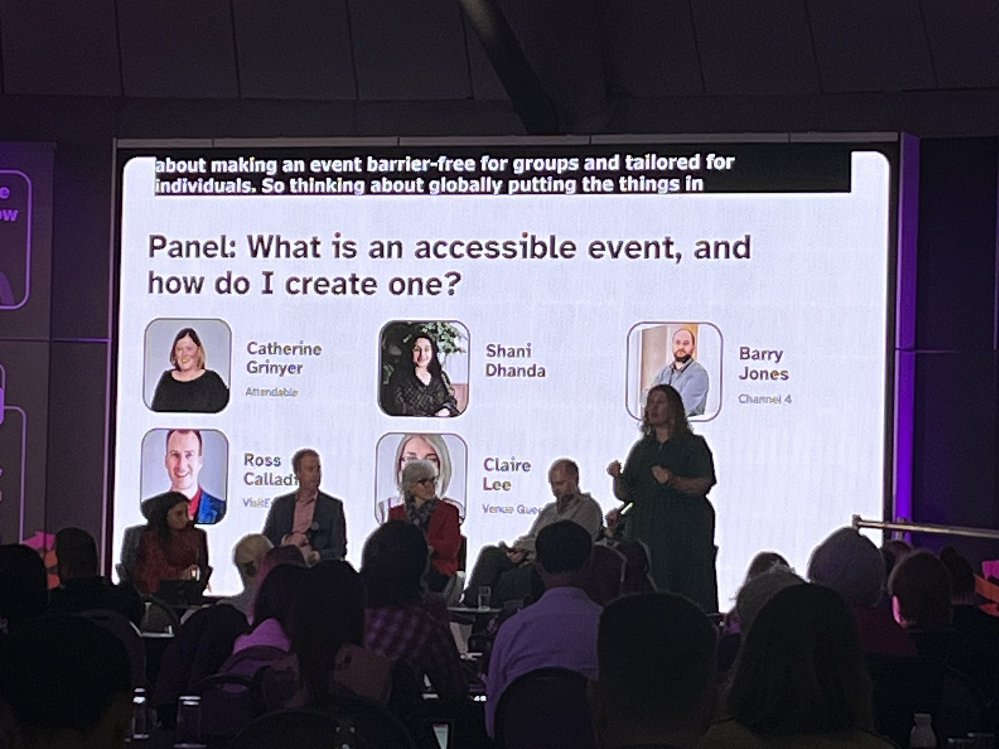 Image show panel at today’s Accessible Events Show sitting in front of a giant screen with the words: What is an accessible event and how do I create one?