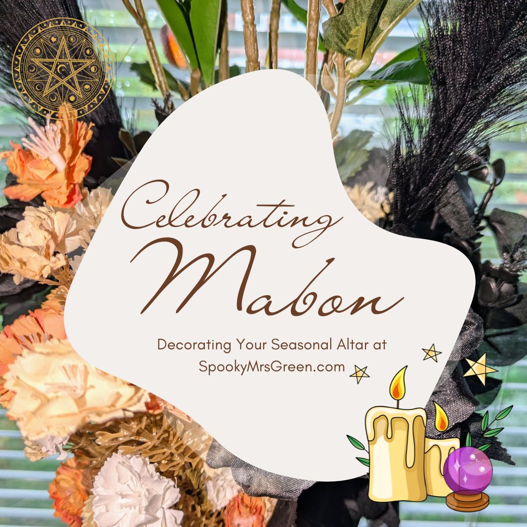 Aesthetic image of autumn leaves fall flowers orange carnations black roses black eucalyptus black pampas grass fall season Text reads, “Celebrating Mabon Decorating Your Seasonal Altar” Spooky family lifestyle blog.